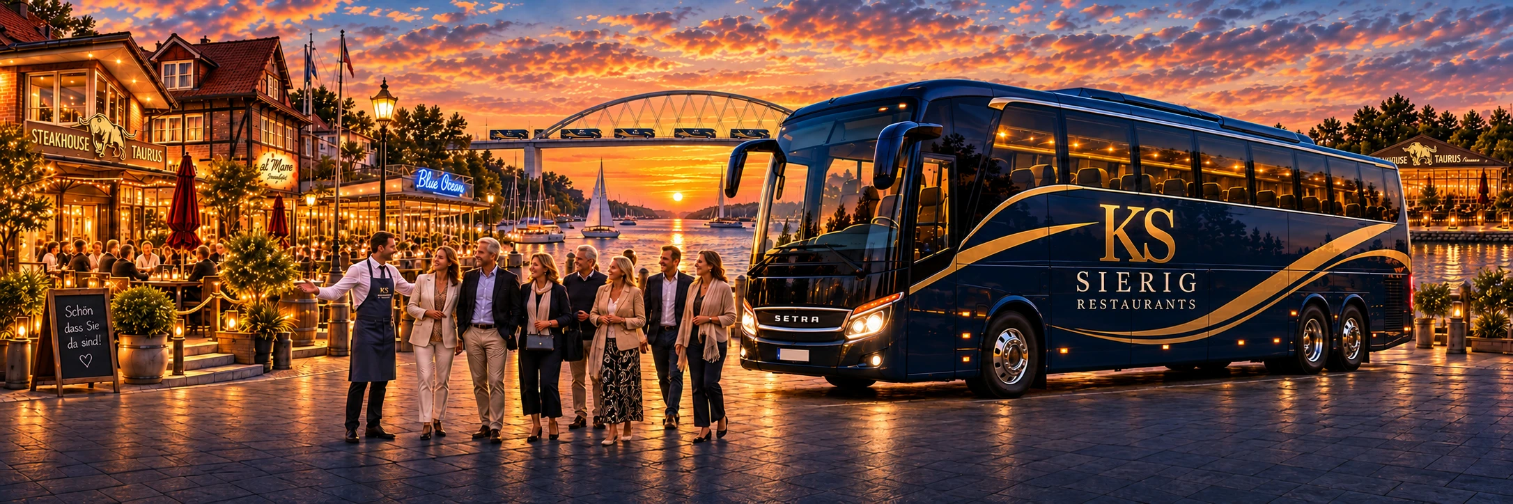 Herzliche Begrüßung einer Reisegruppe vor einem dunkelblau-goldenen Sierig-Bus in der Sierig-Küstenwelt