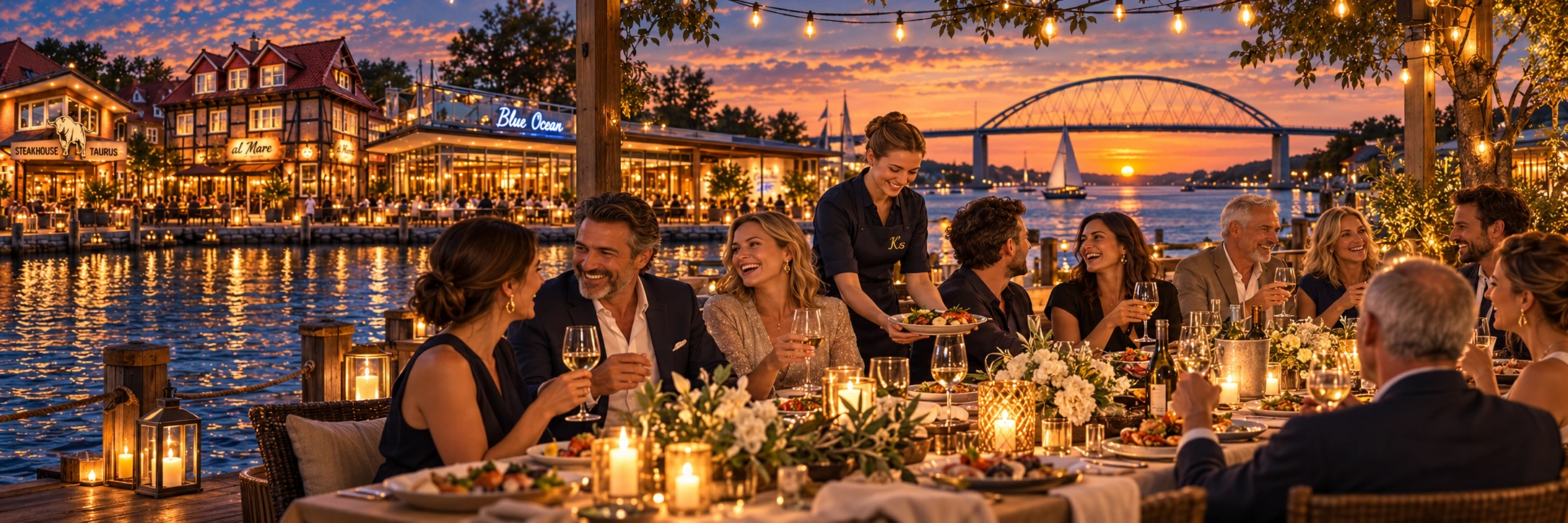 Künstlerische Sierig-Küstenwelt: Gäste feiern gemeinsam an einer festlichen Tafel am Wasser