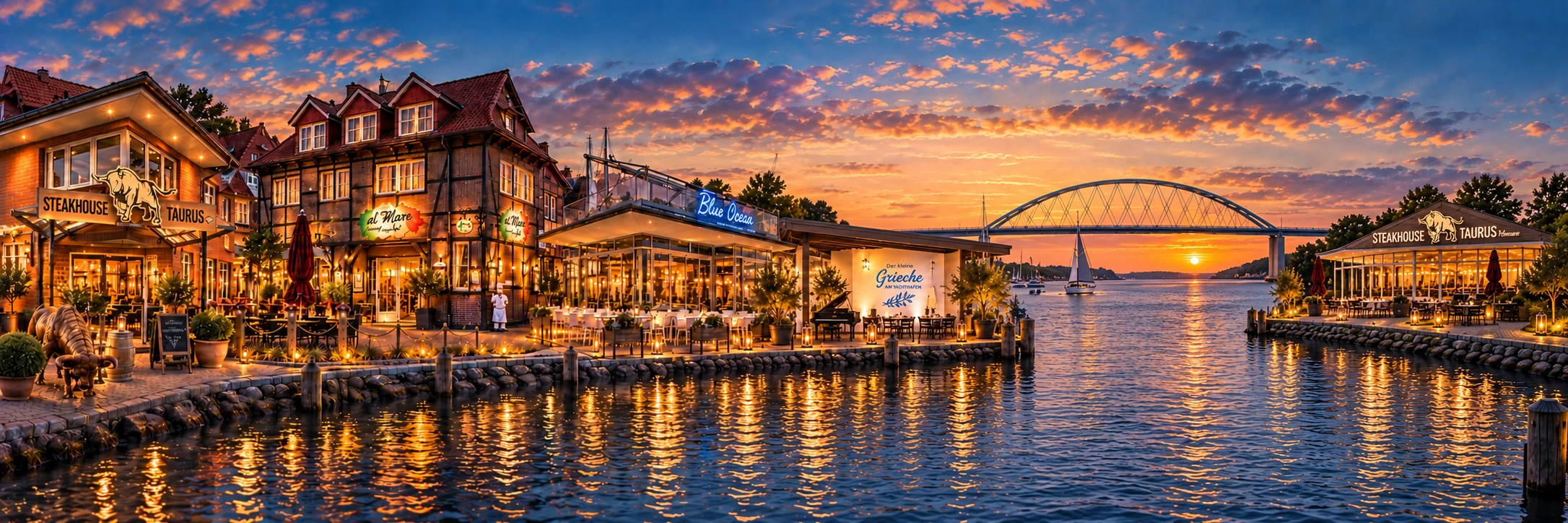 Die Sierig Restaurantwelt: Taurus Heiligenhafen, Al Mare, Blue Ocean, Der kleine Grieche und Taurus Fehmarn mit Fehmarnsundbrücke