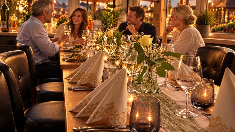 Festliche Tafel mit weißen Rosen an den Fenstern